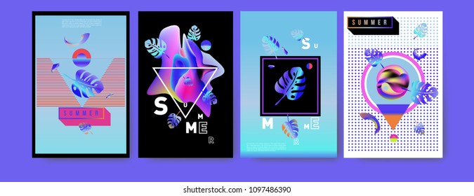 Colorful summer poster set. Tropical summer design template and cover. Summer illustration elements and background in eps 10.