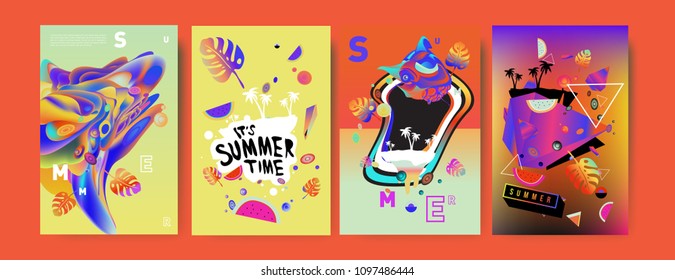Colorful summer poster set. Tropical summer design template and cover. Summer illustration elements and background in eps 10.