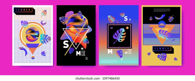 Colorful summer poster set. Tropical summer design template and cover. Summer illustration elements and background in eps 10.