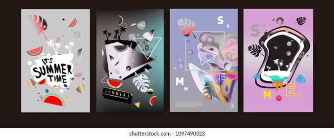 Colorful summer poster set. Tropical summer design template and cover. Summer illustration elements and background in eps 10.
