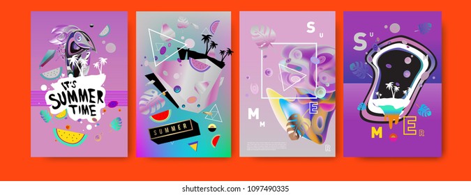 Colorful summer poster set. Tropical summer design template and cover. Summer illustration elements and background in eps 10.