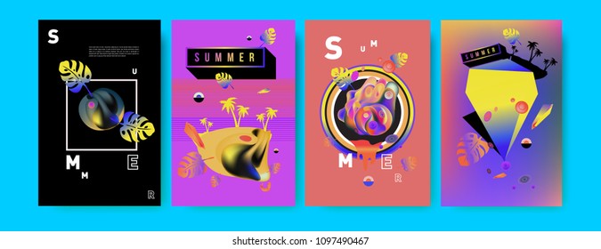Colorful summer poster set. Tropical summer design template and cover. Summer illustration elements and background in eps 10.