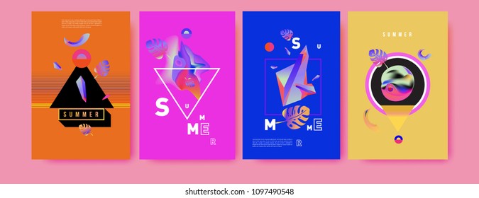 Colorful summer poster set. Tropical summer design template and cover. Summer illustration elements and background in eps 10.