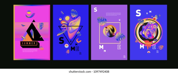 Colorful summer poster set. Tropical summer design template and cover. Summer illustration elements and background in eps 10.