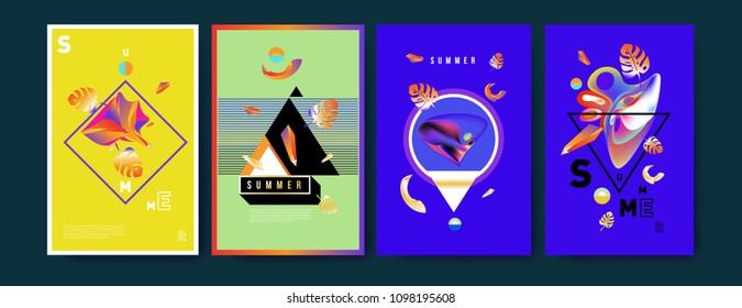 Colorful summer poster set. Tropical summer design template and cover. Summer illustration elements and background in eps 10.