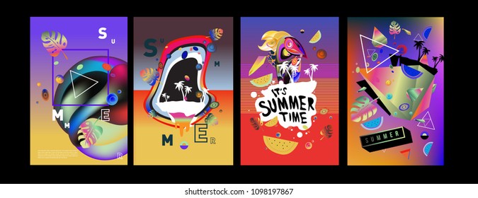 Colorful summer poster set. Tropical summer design template and cover. Summer illustration elements and background in eps 10.