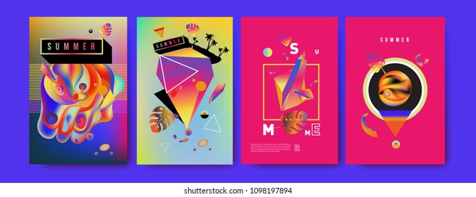 Colorful summer poster set. Tropical summer design template and cover. Summer illustration elements and background in eps 10.