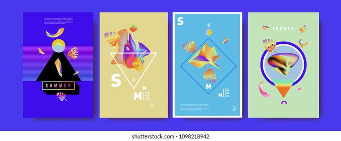 Colorful summer poster set. Tropical summer design template and cover. Summer illustration elements and background in eps 10.