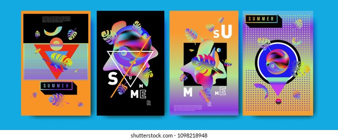 Colorful summer poster set. Tropical summer design template and cover. Summer illustration elements and background in eps 10.