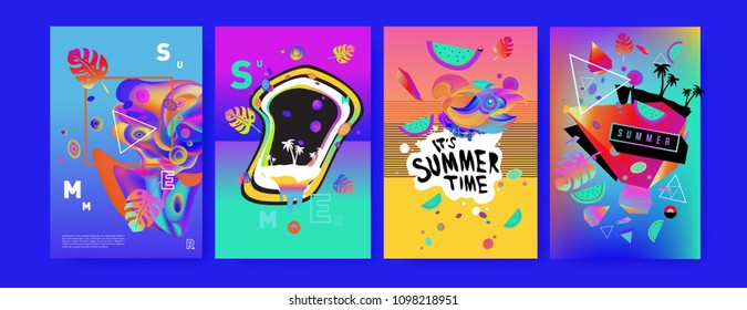 Colorful summer poster set. Tropical summer design template and cover. Summer illustration elements and background in eps 10.