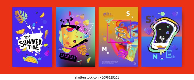 Colorful summer poster set. Tropical summer design template and cover. Summer illustration elements and background in eps 10.