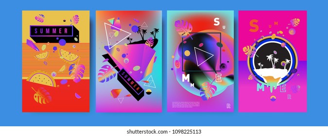 Colorful summer poster set. Tropical summer design template and cover. Summer illustration elements and background in eps 10.