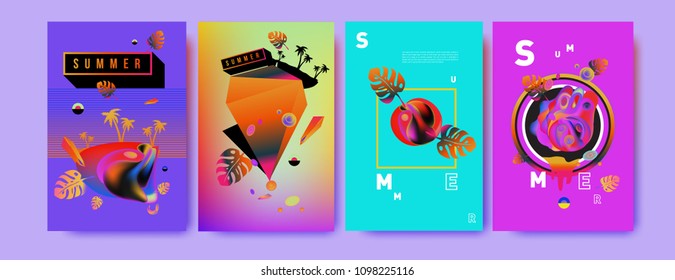 Colorful summer poster set. Tropical summer design template and cover. Summer illustration elements and background in eps 10.