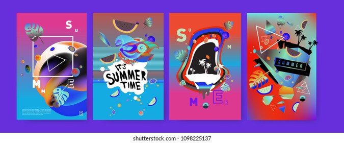 Colorful summer poster set. Tropical summer design template and cover. Summer illustration elements and background in eps 10.