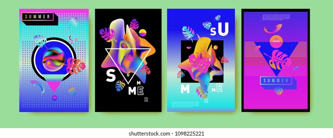 Colorful summer poster set. Tropical summer design template and cover. Summer illustration elements and background in eps 10.