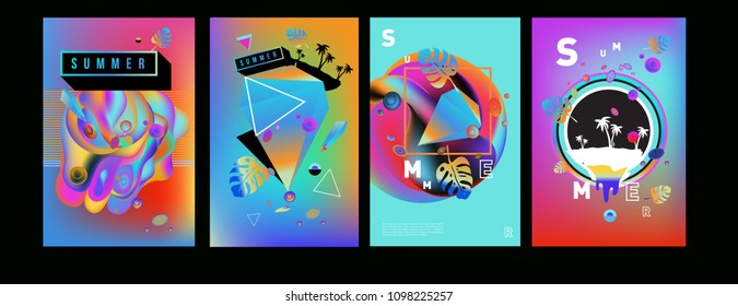 Colorful summer poster set. Tropical summer design template and cover. Summer illustration elements and background in eps 10.