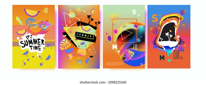 Colorful summer poster set. Tropical summer design template and cover. Summer illustration elements and background in eps 10.