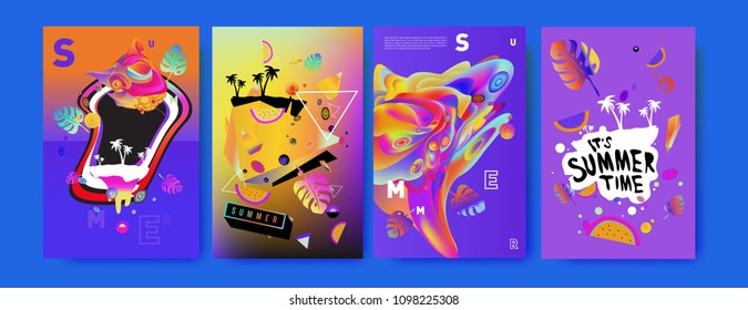Colorful summer poster set. Tropical summer design template and cover. Summer illustration elements and background in eps 10.