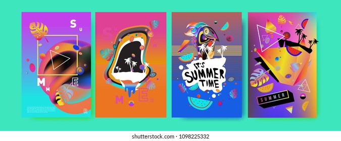 Colorful summer poster set. Tropical summer design template and cover. Summer illustration elements and background in eps 10.