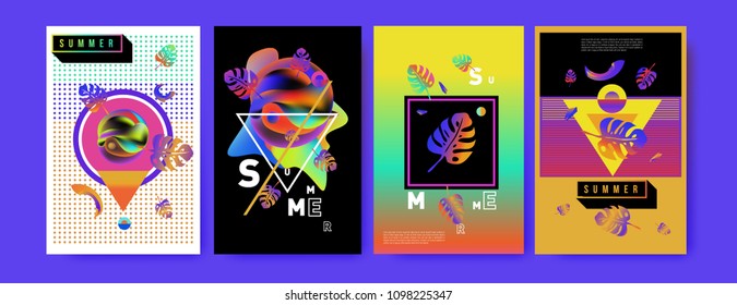 Colorful summer poster set. Tropical summer design template and cover. Summer illustration elements and background in eps 10.