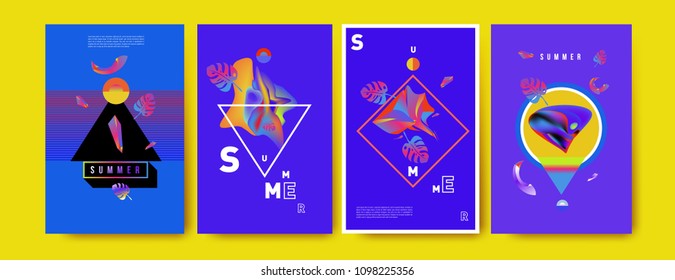 Colorful summer poster set. Tropical summer design template and cover. Summer illustration elements and background in eps 10.