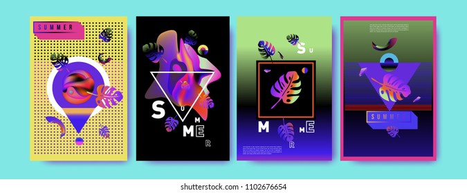 Colorful summer poster set. Tropical summer design template and cover. Summer illustration elements and background in eps 10.