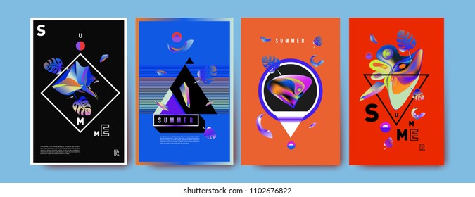 Colorful summer poster set. Tropical summer design template and cover. Summer illustration elements and background in eps 10.