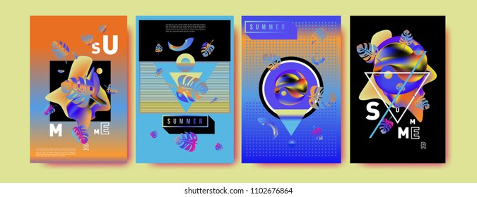 Colorful summer poster set. Tropical summer design template and cover. Summer illustration elements and background in eps 10.