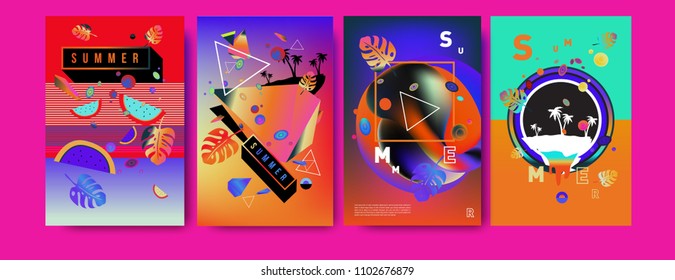 Colorful summer poster set. Tropical summer design template and cover. Summer illustration elements and background in eps 10.