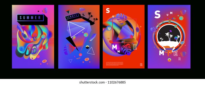 Colorful summer poster set. Tropical summer design template and cover. Summer illustration elements and background in eps 10.