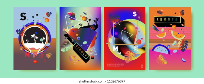 Colorful summer poster set. Tropical summer design template and cover. Summer illustration elements and background in eps 10.