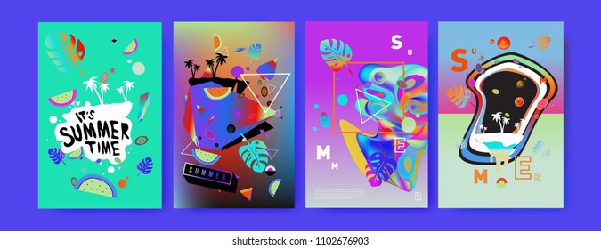Colorful summer poster set. Tropical summer design template and cover. Summer illustration elements and background in eps 10.