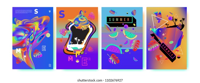Colorful summer poster set. Tropical summer design template and cover. Summer illustration elements and background in eps 10.