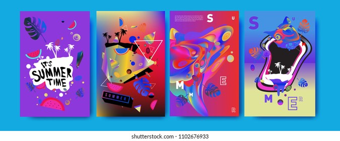 Colorful summer poster set. Tropical summer design template and cover. Summer illustration elements and background in eps 10.