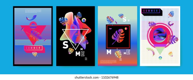 Colorful summer poster set. Tropical summer design template and cover. Summer illustration elements and background in eps 10.