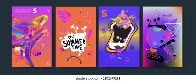 Colorful summer poster set. Tropical summer design template and cover. Summer illustration elements and background in eps 10.