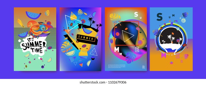 Colorful summer poster set. Tropical summer design template and cover. Summer illustration elements and background in eps 10.