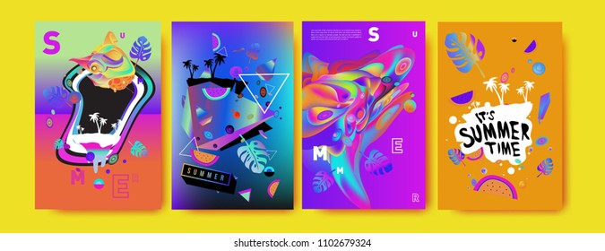 Colorful summer poster set. Tropical summer design template and cover. Summer illustration elements and background in eps 10.