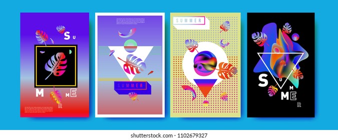 Colorful summer poster set. Tropical summer design template and cover. Summer illustration elements and background in eps 10.