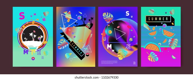 Colorful summer poster set. Tropical summer design template and cover. Summer illustration elements and background in eps 10.