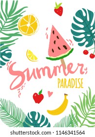 Colorful summer poster with tropical friuts and leafs. Summer Paradise text.