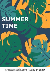 Colorful summer poster with tropical leaves. Summer time text. vector illustration 