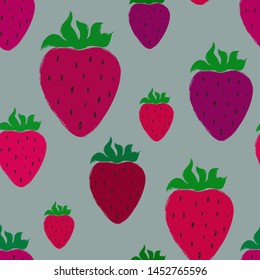 Colorful summer print. Seamless pattern with pink strawberry on a blue background. Berry collection.