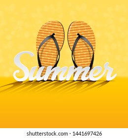 Colorful Summer promo banner design with realistic 3d flip flops and paper cut typography for greeting card, poster or discount offer. Vector Illustration.