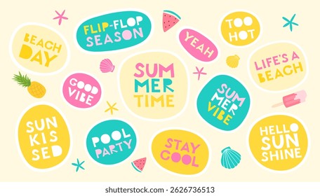 Colorful summer quotes sticker set. Hand drawn bright text bubbles with fruits and ice cream. Fun cartoon background for kids, beach party, stickers, nursery