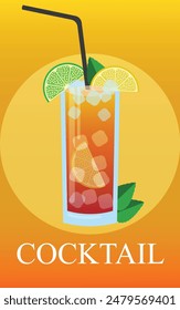 Colorful summer refreshing cocktail drink with lime lemon and mint. Orange yellow background.