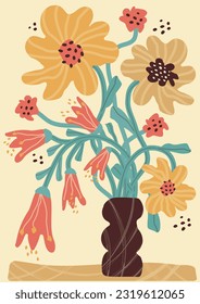 Colorful, summer retro bouquet. Abstract vase with flowers, leaves,  figure with texture. trendy print with flowers vector in modern style. poster for print, background, banner. art illustration