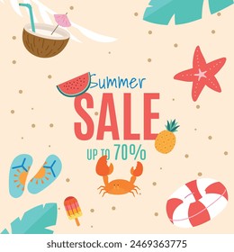 Colorful summer sale advertisement featuring tropical and beach elements like flip-flops, starfish, pineapple, coconut drink, and a crab. Perfect for promoting seasonal discounts. Vertical size.