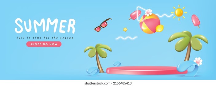 Colorful Summer Sale Banner Background With Product Display Cylindrical Shape And Beach Vibes Decorate.