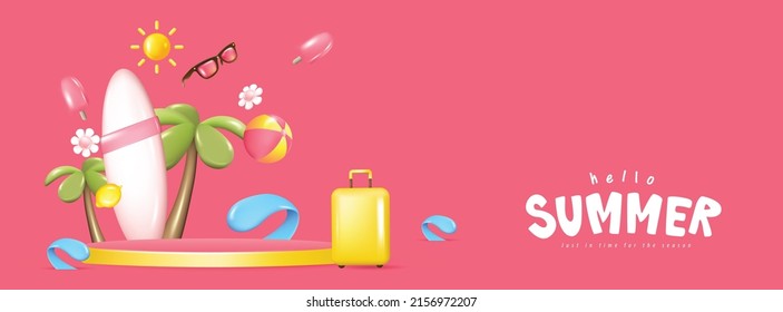Colorful Summer sale banner background with product display cylindrical shape and beach vibes decorate 